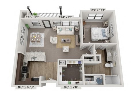 Floor plan for 1 bed, 1 bath, 811 sqft
